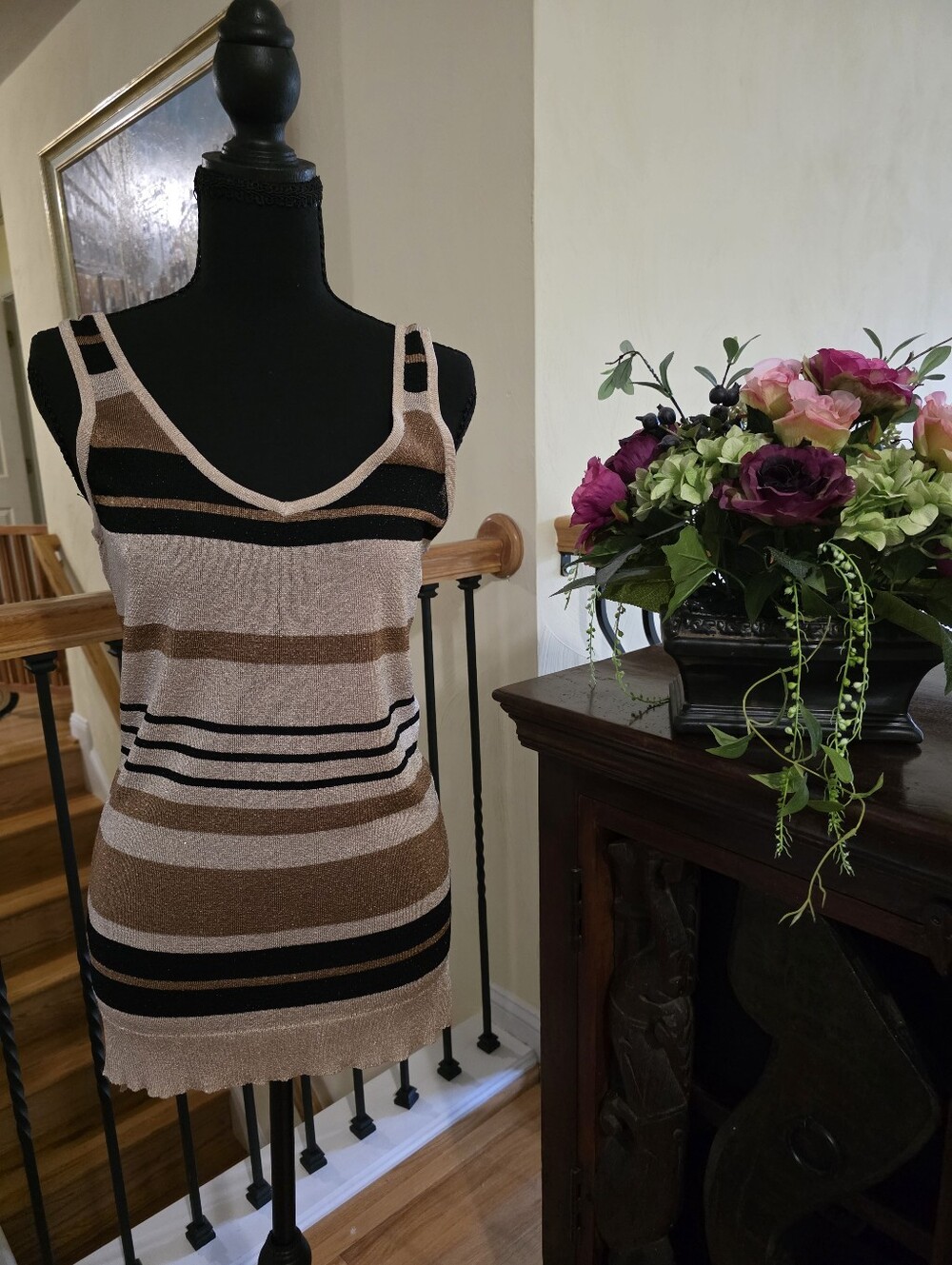 bebe Vintage Metallic Stripe Scoop Neck Tank in Black & Cream Size M